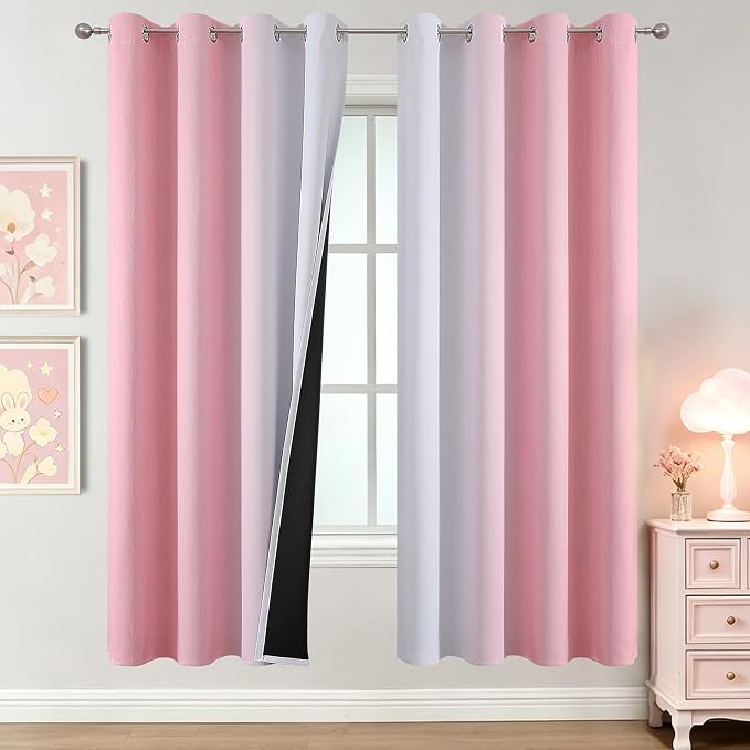 Estelar Textiler Pink and Greyish White Ombre Blackout Curtains 72 Inch Long for Kids Bedroom, Room Darkening Thermal Insulated Grommet Gradient Window Drapes for Living Room/Nursery, 52Wx72L,2 Panels