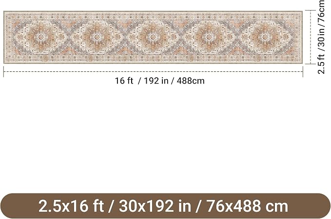 2'6" x 16'Non Slip Runner Rugs - Runners for hallways, Kitchen,Entryway,Stain Resistant Washable Rugs for Bedroom, Indoor Vintage Area Rugs (Turmeric/Grey,2'6" x 16')