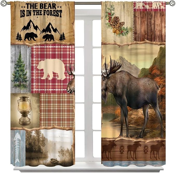 Vintage Hunting Deer Blackout Curtains Farmhouse Rural Natural Patchwork Forest Hunting Cabin Plaid Pine Cone Elk Animal Windows Treatments Rod Pocket for Kitchen Living Room Bedroom 42x54in