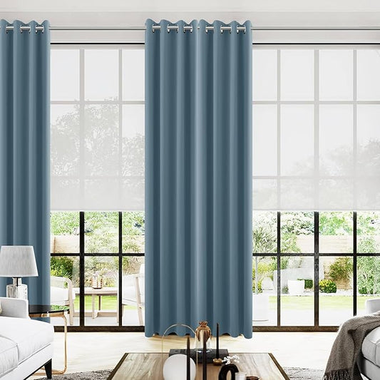KOUFALL Blue Blackout Curtains 96 Inches Long for Living Room,Grommet Thermal Room Darkening Curtain for Bedroom 96 in Length 2 Panel Set,Dusty Grey Blue