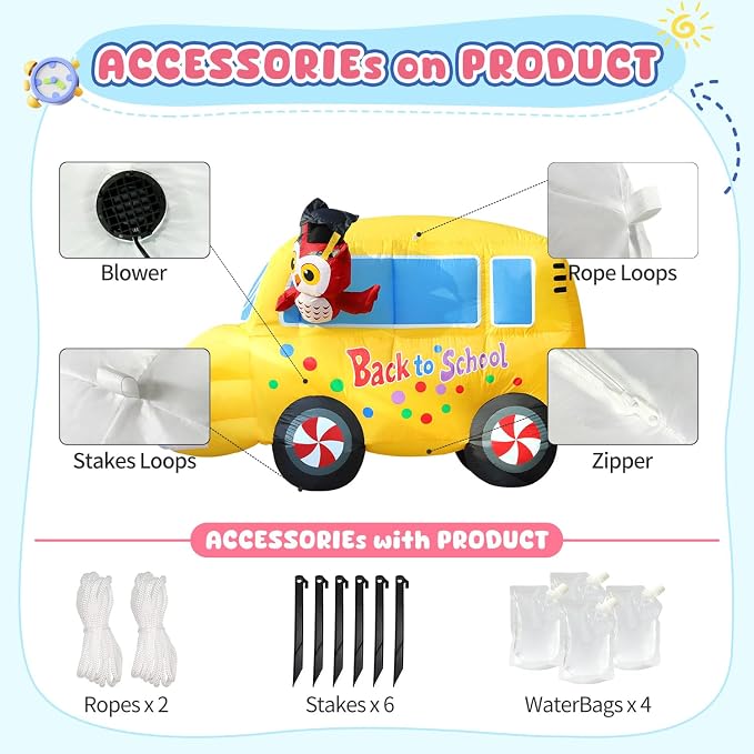 DomKom 6FT Back to School Inflatable Professor Owl & School Bus with LED Lights – Blow Up Decor for Kindergarten First Day, Welcome Back & Graduation Parties, Ideal for Patio, Garden & Yard Décor