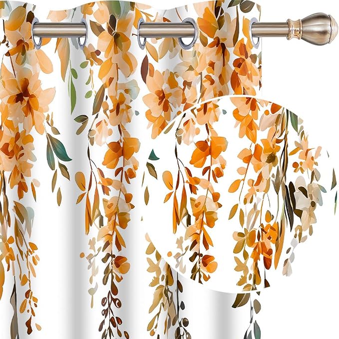 Orange Watercolor Floral Blackout Curtains 42x84 Inch 2 Panels | Botanical Leaves Vine Flowers, Rustic Farmhouse, Blackout Window Treatment, For Bedroom Living Room