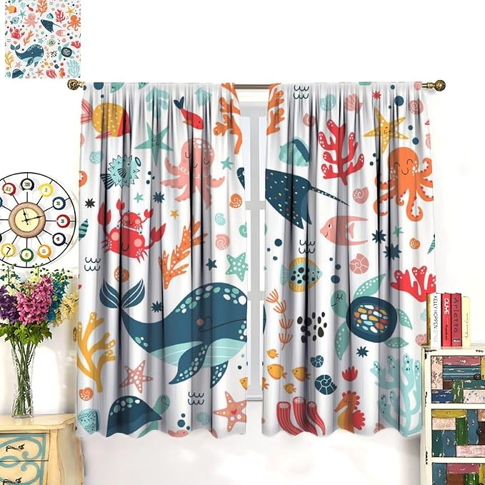 YCness Kids Cute Whale Curtains Funny Cartoon Ocean Animal Octopus Coral Art Printed Blackout Window Drapes for Boys Girls Bedroom Nursery Decor Fabric Set 2 Panel 52x84 Inch 80% Shading Rate