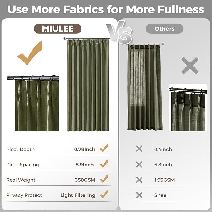 MIULEE Olive Green Pinch Pleated Thick Linen Curtains 84 Inches Long 2 Panels for Living Room Bedroom, Linen Texture Memory Trained Drapes Pleat Back Tab Semi Sheer Moss Green Track System Curtains