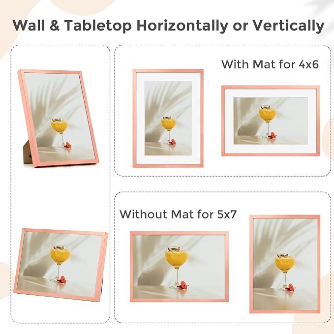 FLYJOE 5x7 Picture Frame | 5x7 Metal Frame With Mat For 4x6 | 5 x 7 Aluminum Photo Frame | Plexiglass And Hanging Hardware Included | 5 By 7 Picture Frame | Rose Gold