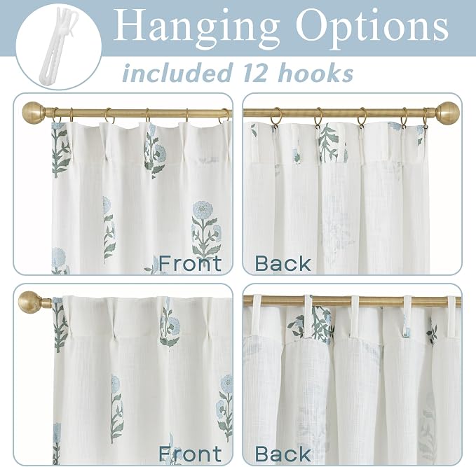 104 Inch Long Floral Pinch Pleated Curtains, with Adjustable Hooks Up to 105 Inch, Blue Green Linen Semi Sheer Drapes for Living Room Bedroom