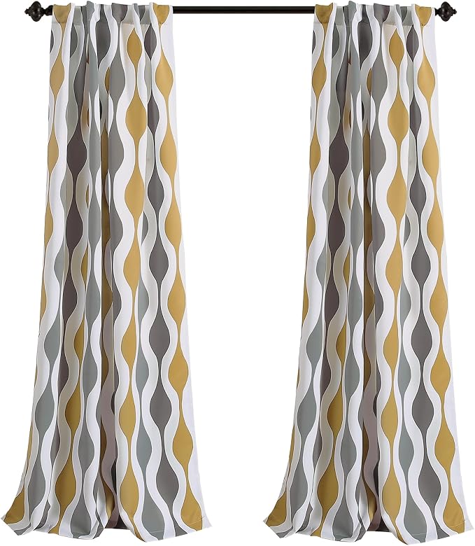 Lush Decor Mid Century Geo Light Filtering Window Curtain Panel Pair, 52" W x 108" L, Gold & Gray