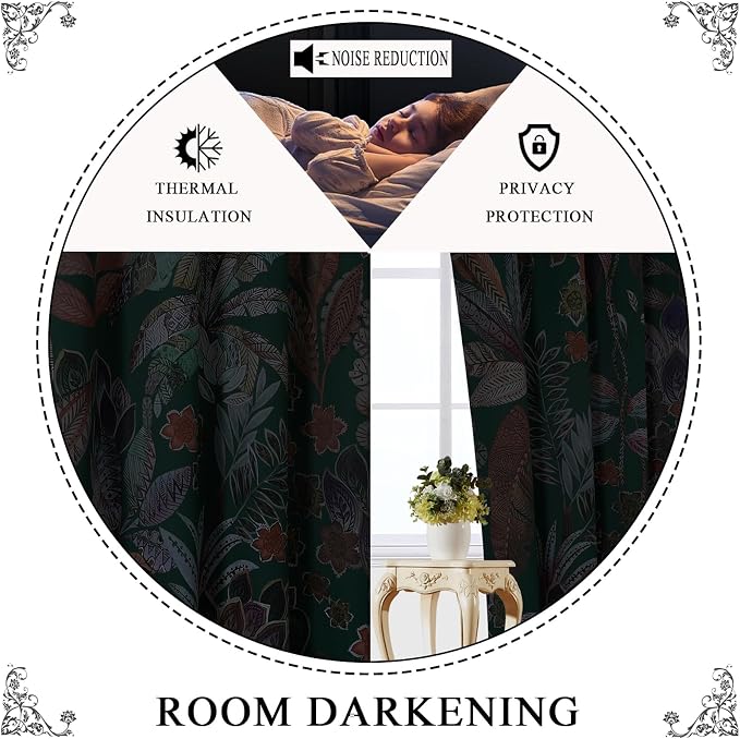 Estelar Textiler Green Printed Blackout Curtains 90 inches Long Living Room,Boho Bedroom Curtains Grommet Thermal Insulated Room Darkening Leaves and Petals Pattern Drapes,52x90 Inch,2 Panels