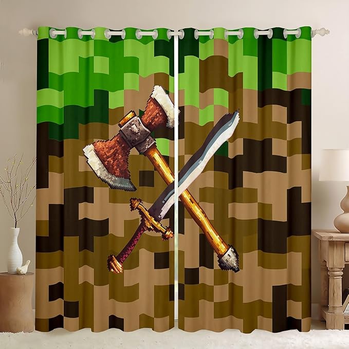 Castle Fairy Axe Sword Window Curtain,Camouflage Blocks Privacy Blackout Curtain for Window Miner Theme Shade Windows Covering for Bedroom Pixel Style Drapes 2 Panels,42Wx63L