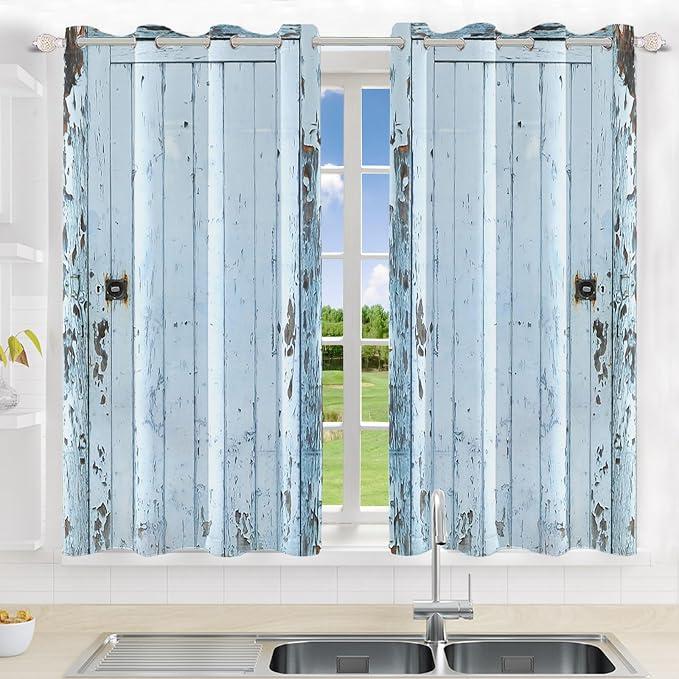 Wooden Barn Door Window Curtains Vintage Blackout Kitchen Curtains Rustic Country Farmhouse Garage Decor Light Blue Wood Planks Print Window Drapes for Living Room Bedroom,42x63 inch,2 Panels