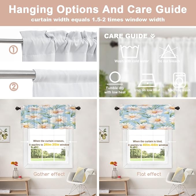 Shrahala Daisies Leaves Blackout Short Curtains for Windows, White Daisies On Blue Kitchen Valance Thermal Insulated Rod Pocket Window Treatment for Bathroom 52 X 18 in