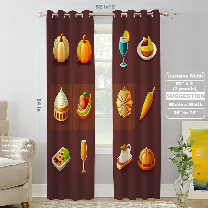 Shrahala Happy Thanksgiving Day Thermal Insulated Blackout Window Curtains, Pumpkin Turkey Bird Leaves Long Drapes for Bedroom/Living Room with Plastic Grommet, 52X84 Set of 2