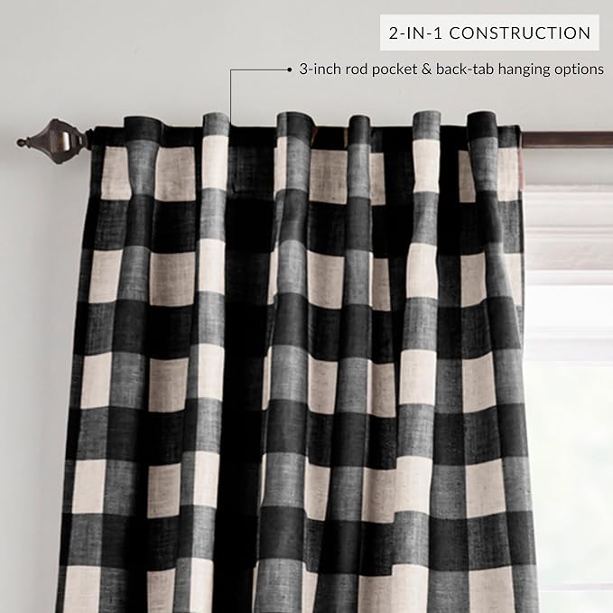 Grainger Buffalo Check Blackout Window Curtain, Black - 52" W x 95" L