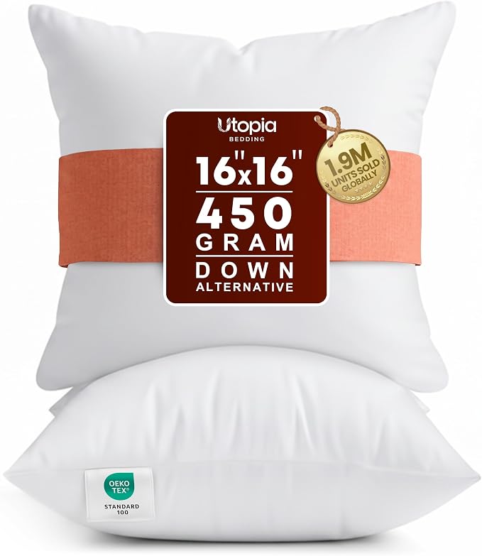 Utopia Bedding 16x16 Pillow Inserts, Set of 2, White – Indoor Decorative Throw Pillows for Bed, Sofa & Couch – Soft, Supportive & Fluffy Cushion Inserts