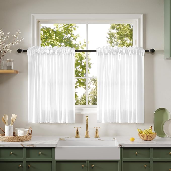 Anmao Non-See-Through Valance Kitchen Curtains 36 Inch Length 2 Panels Set, Bright White Privacy Light Filtering Semi Sheer Over Sink Short Cafe Curtain Tiers for Small Windows, 25W x 36L, Pure White