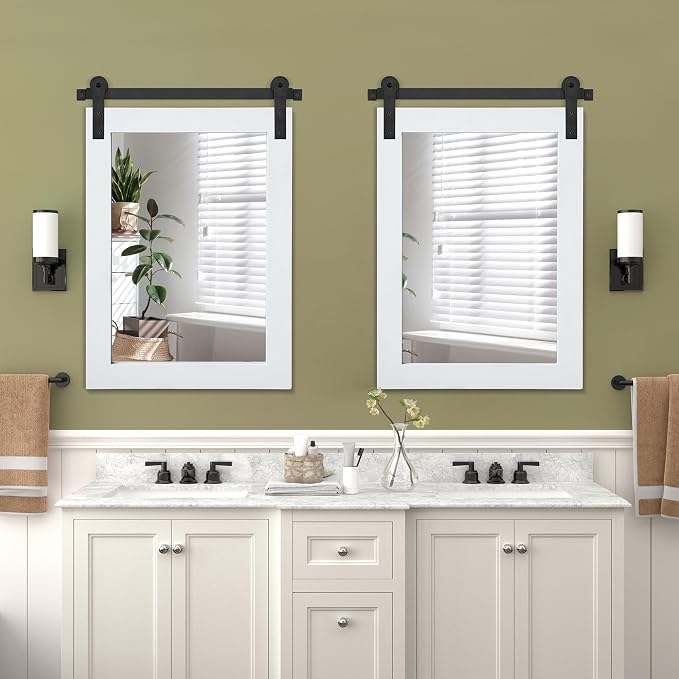 COGOOD Farmhouse Barn Door Mirror - 22 x 30 Rustic Wood Framed Wall Mirror for Bathroom, Living Room, Entryway Wall Decor (Pure White)