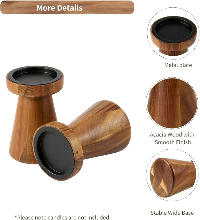Acacia Wood Candle Holders for Pillar Candles, Set of 2 Vintage Rustic Tall Modern Farmhouse Decor, Decorative Wooden Candlestick Stand for Fireplace Mantel, Table Centerpiece