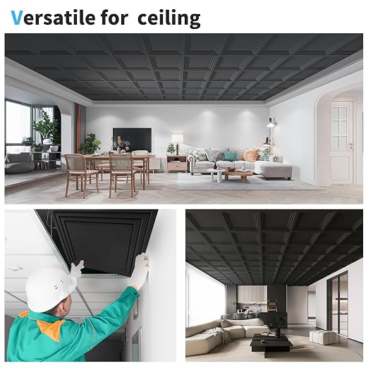 Art3d 12-Pack 2424 Inch PVC Waterproof Drop Ceiling Tiles for Home Décor - 2x2 ft 3D Modern Ceiling Panel for Suspended Grid, Black