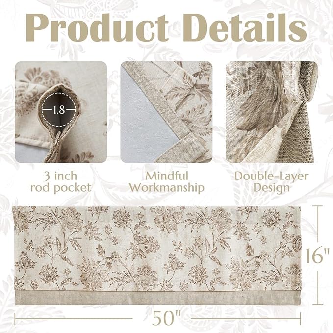 jinchan Floral Valance Curtain Linen Kitchen Valance for Windows 16 Inch Farmhouse Light Filtering Floral Short Window Treatment for Living Room 1 Panel Rod Pocket Double Layer Taupe on Beige