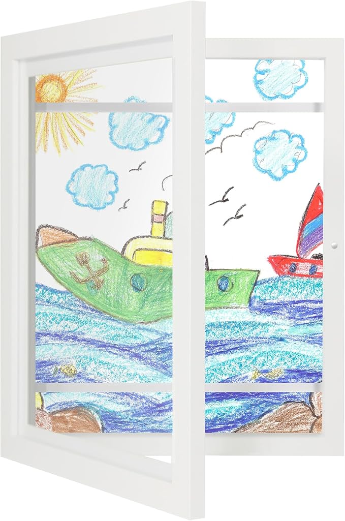 iRahmen Kids Art Frames 10x12.5 - Front Opening Childrens Picture Frame Changeable, Wood Artwork Display Storage for Wall Mount, Magnetic Door Holds 50 Art Pieces for Drawings, 3D Picture, Crafts, Portfolio, White