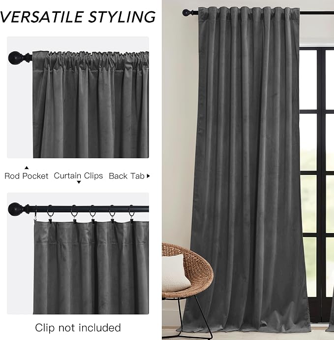 RYB HOME Velvet Blackout Curtains for Bedroom - Super Soft Room Darkening Curtains Thermal Insulated Drapes Heat Block Window Panels for Living Room, Wide 52 x Long 96, Grey, 2 Panels