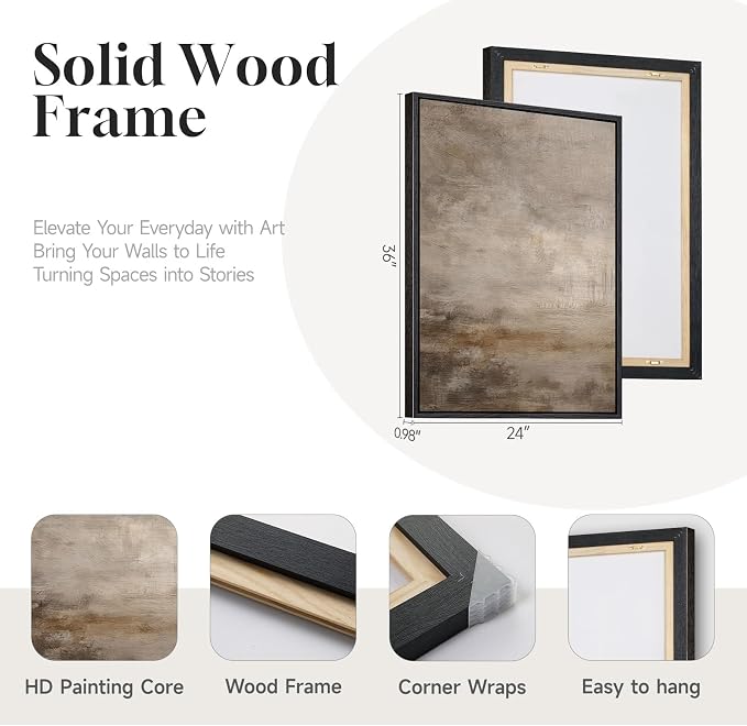 Large Framed Neutral Abstract Wall Art Set of 2 for Living Room, Minimalist Modern Brown Grey Canvas Artwork for Walls, Wabi Sabi Rustic Painting Print Wall Decor for Bedroom Home Office, 24x36 Inch