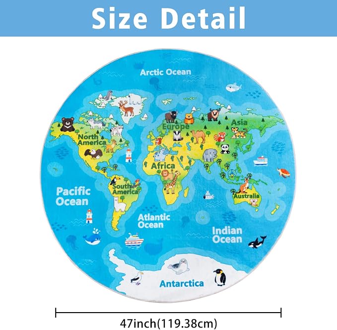Kids Playroom Rug, 4x4ft Round World Map Rugs with Cute Animals, Washable Durable Soft Carpet Kid Educational Rugs for Boys Girls Bedroom Nursery Classroom