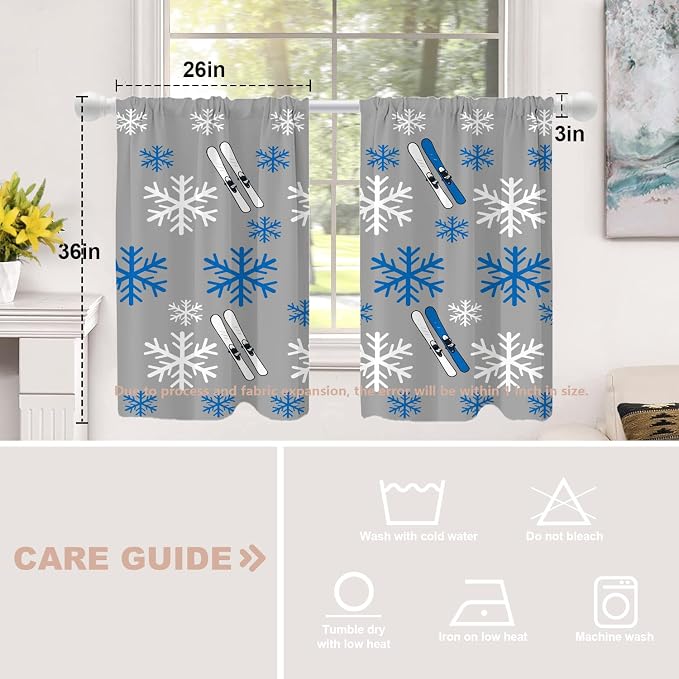 Shrahala Snowflakes Skis Blackout Curtain Tiers, Winter Sports Themed Pattern Kitchen Valance Light Blocking Tier Drapes with Rod Pocket, 2 Pack 26 X 36 in