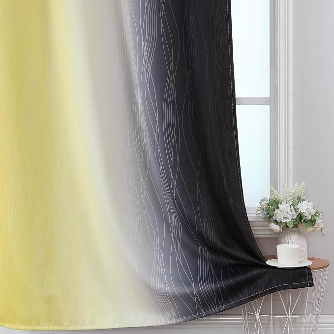 Estelar Textiler Black and Yellow Blackout Curtains 45 Inch Length, Full Light Blocking Gradient Grommet Drapes for Kitchen, Thermal Insulated Ombre Curtains for Bedroom, 42Wx45L, 2 Panels