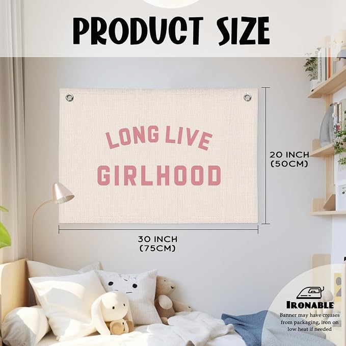 Long Live Girlhood Banner, Girls Baby Nursery Decor, Toddler Girl Room Decor, Pink Girls Room Wall Decor, 30x20 Inch Linen Wall Hanging Canvas Banner Flag - Pink