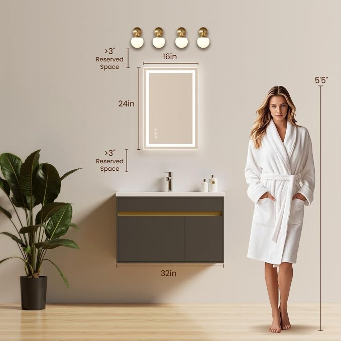 16X24 LED Bathroom Mirror with Lights, Anti-Fog, Backlit + Front Lit, Lighted Bathroom Vanity Mirror for Wall, Memory Function, Dimmable, Tempered Glass, Shatter-Proof, ETL Listed