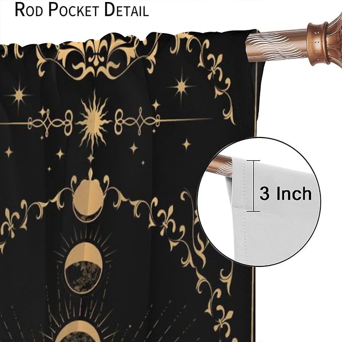 Sun Moon Blackout Curtains, Retro Bohemian Gold Sun Moon Stars Magic Art Window Treatment Drapes for Bedroom Living Room 55" W X 63" L