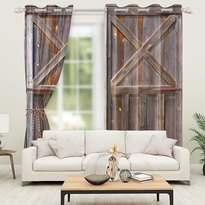 Rustic Wooden Curtains Vintage Wood Barn Door Window Curtains Old Garage Door American Native Country Farmhouse Rural Farm Style Living Room Window Drapes Treatment,53x96 inch,2 Panels