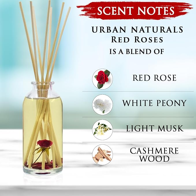 Urban Naturals Reed Diffuser Set, Red Roses - Bathroom Shelf Décor | Floral Scented Sticks Room Freshener for Bathroom, Kitchen & Bedroom, Great Gift Idea