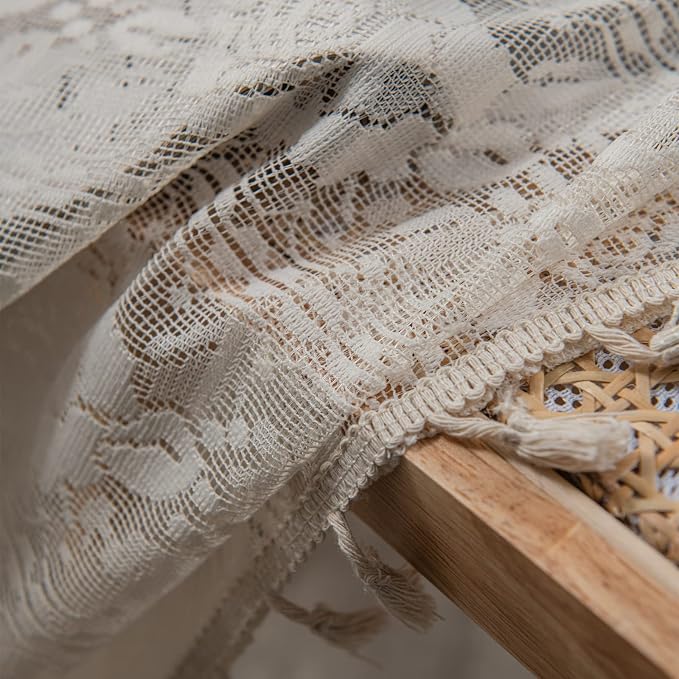 Sutuo Home Crochet Boho Curtains Rose Florals Embroidery, Sheer Lace Handmade Tassels Knitted Window Treatment Vintage Rustic Bohemian Farmhouse Drape for Bedroom Rod Pocket 1 Panel 59" W x 84" L