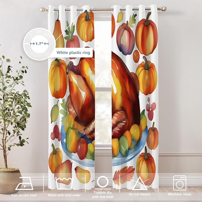 Shrahala Turkey Pumpkin Thanksgiving Thermal Insulated Blackout Window Curtains, Watercolor Fruits Delicious Food Pears Long Drapes for Bedroom/Living Room with Plastic Grommet, 52X84 Set of 2