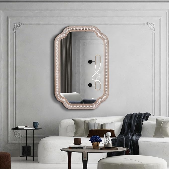 36x24 Inch Scalloped Bathroom Mirror, Wooden Rustic Farmhouse Wall Mirrors | Install Vertical or Horizontal, Subtle Grain-Look Edging Suits Rustic, Cottage, Coastal, Vintage, and Modern Interiors