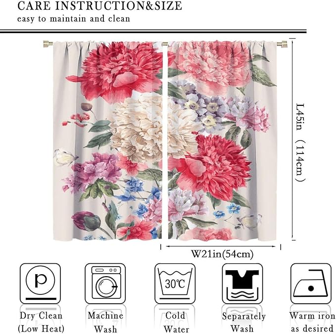 Floral Blackout Window Curtain Vintage Bouquet of Peony Wild Flowers Nature Botanical Leaf for Home Kitchen Restaurant Decoration Drapes 2 Panels 42x45 Inch, Style-2