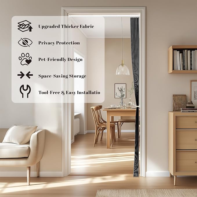 AJAZZ Blackout Accordion Door Invisible Accordion Doors Interior Magnetic Door Curtain for Bedroom Living Room Doorway Curtain Sets Included Rod (1 Pack, 43W x 78 L, Black)