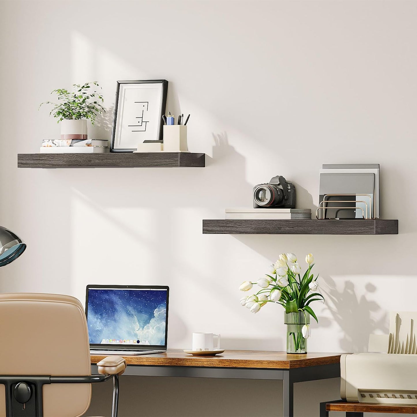 HOOBRO Floating Shelves for Wall, Wall Mounted Shelf Set of 2, 23.6" Hanging Shelf with Invisible Brackets, for Wall in Bathroom, Bedroom, Toilet, Kitchen, Living Room, Office, Charcoal Gray BC60BJ01