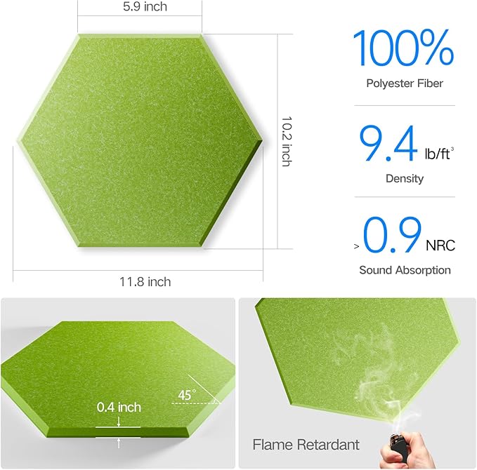 8 Pack Self-Adhesive Acoustic Panels 12" X 10" X 0.4" - Sound Proof Foam Panels for Wall with High Density, Hexagon Design, Flame Resistant, Absorb Noise and Eliminate Echoes(Olive Drab)