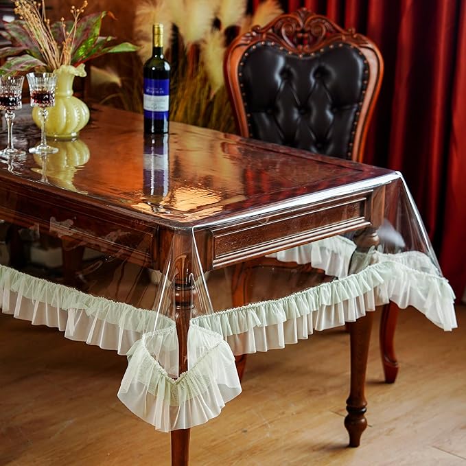 SUTAVIA Clear PVC Tablecloth Green Ruffle Edge Waterproof Transparent Rectangular Table Protector for Dining Table Home Kitchen Party Outdoor Picnic (Green Ruffle, Oblong, 52"x70")