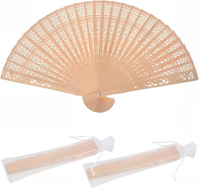 Sandalwood Fan 50 Pcs Hand Fans with 50 Organza Bags Abanicos De Mano Fans for Weddings Hand Fan Foldable Abanicos De Mano Ara Fiesta Wedding Fans for Guests