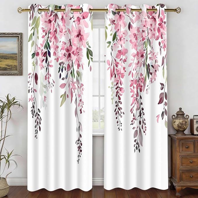 Pink Watercolor Floral Curtains, Botanical Leaves Vine Flowers Curtain, Rustic Farmhouse Flower Leaf Blackout Window Treatment Drapes for Bedroom Living Room 42x90 inch, 2 Panels