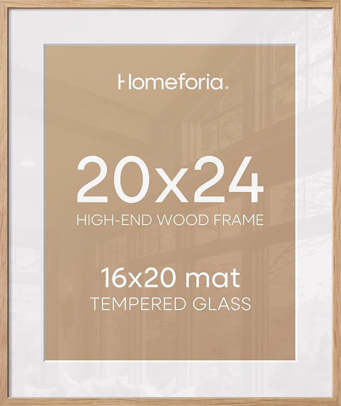 Homeforia 20x24 Picture Frame Wood, High End Natural Oak 20x24 Frame Matted to 16x20 Photo, 20 x 24 Light Wooden Poster Frames with Mat 16 by 20, 24by20 Thin Frames, Tempered Glass, Wall Kit, Set of 2