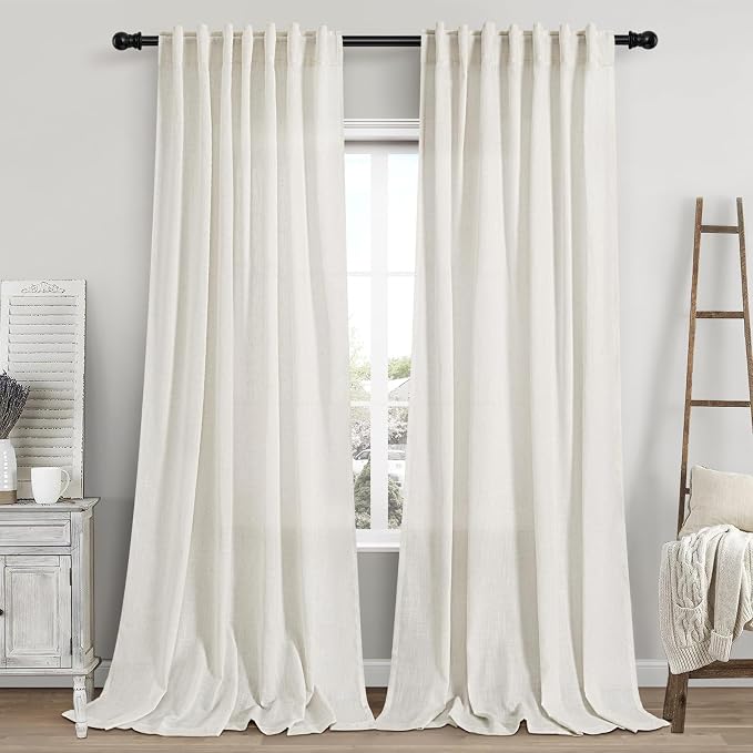 Cream Linen Curtains 110 Inches Long 2 Panels Set for Living Room Extra Long Back Tab Curtains Neutral Farmhouse Light Filtering Semi Sheer Linen Drapes Ceiling to Floor for Large Window 52x110
