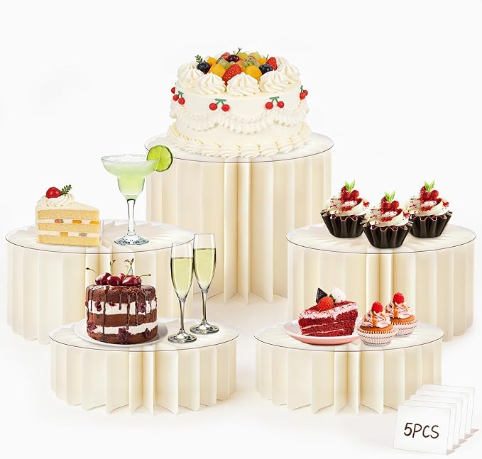 5Pack Buffet Risers Display Stands Foldable Food Risers for Buffet Table Tall Cake Cupcake Stands Cardboard Cylinder Stand Dessert Table Display Set for Catering Jewelry Wedding Party Decor (White)