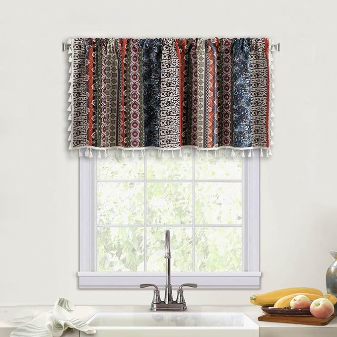 VOGOL Boho Valances for Living Room, 1 Panel Rod Pocket Geometric Printed Bohemian Valance with Stripes, Colorful Cotton Linen Short Curtain for Cafe, 59 x 18 Inches