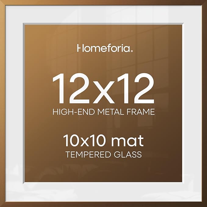 Homeforia 12x12 Picture Frame Bronze, High End Metal 12 x 12 Square Poster Frame with Mat 10 x 10 Photo, 12x12 Brass Frame Matted to 10x10 Print, 12by12 Thin Frames, Tempered Glass, Wall Kit, Set of 2