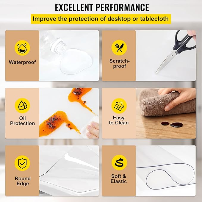 VEVOR 84 x 42 Inch Clear Table Cover Protector, 1.5mm Thick Clear PVC Desk Protector Pads, Plastic Tablecloth for Dining Room